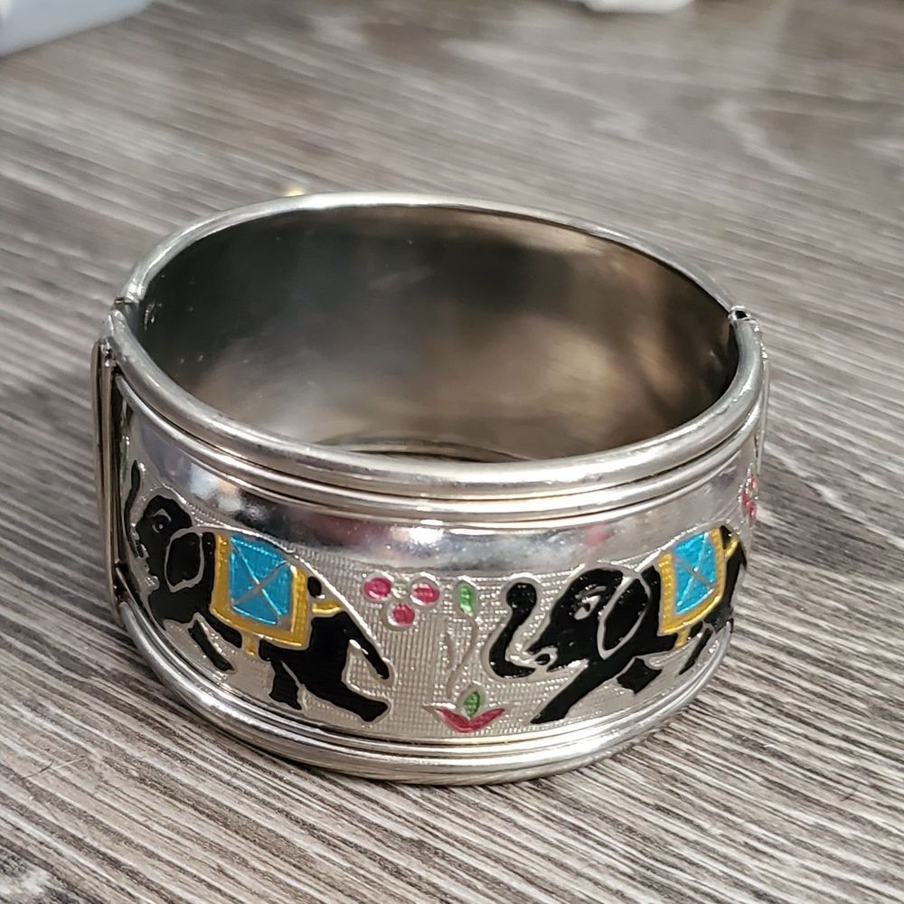 Elephant hinged cuff hand painted Indian wide bangle cuff bracelet